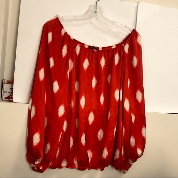Vince Camuto Balloon Sleeve Silky Loose Drapey Top Blouse Off Shoulder Crew Dots - Picture 3 of 14